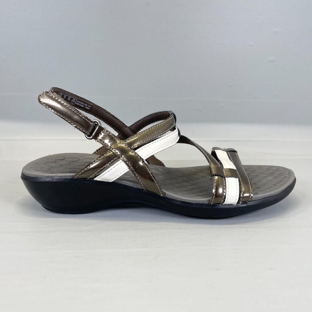 Clarks Sonar Pioneer Sandals Womens Size 8 M Brown White Patent Leather Shoes